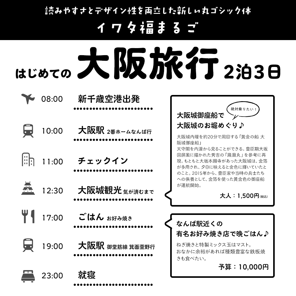 「旅のしおり」に合うフォント イワタ福まるご